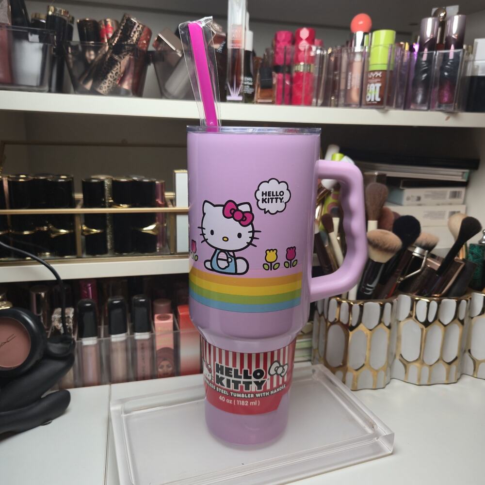 HELLO KITTY STAINLESS STEEL TUMBLER WITH HANDLE AND STRAW NEW 40 OZ.